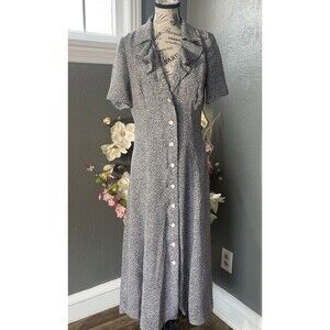 Vintage Leslie Fay Black White Collar Button Down Maxi Dress Secretary